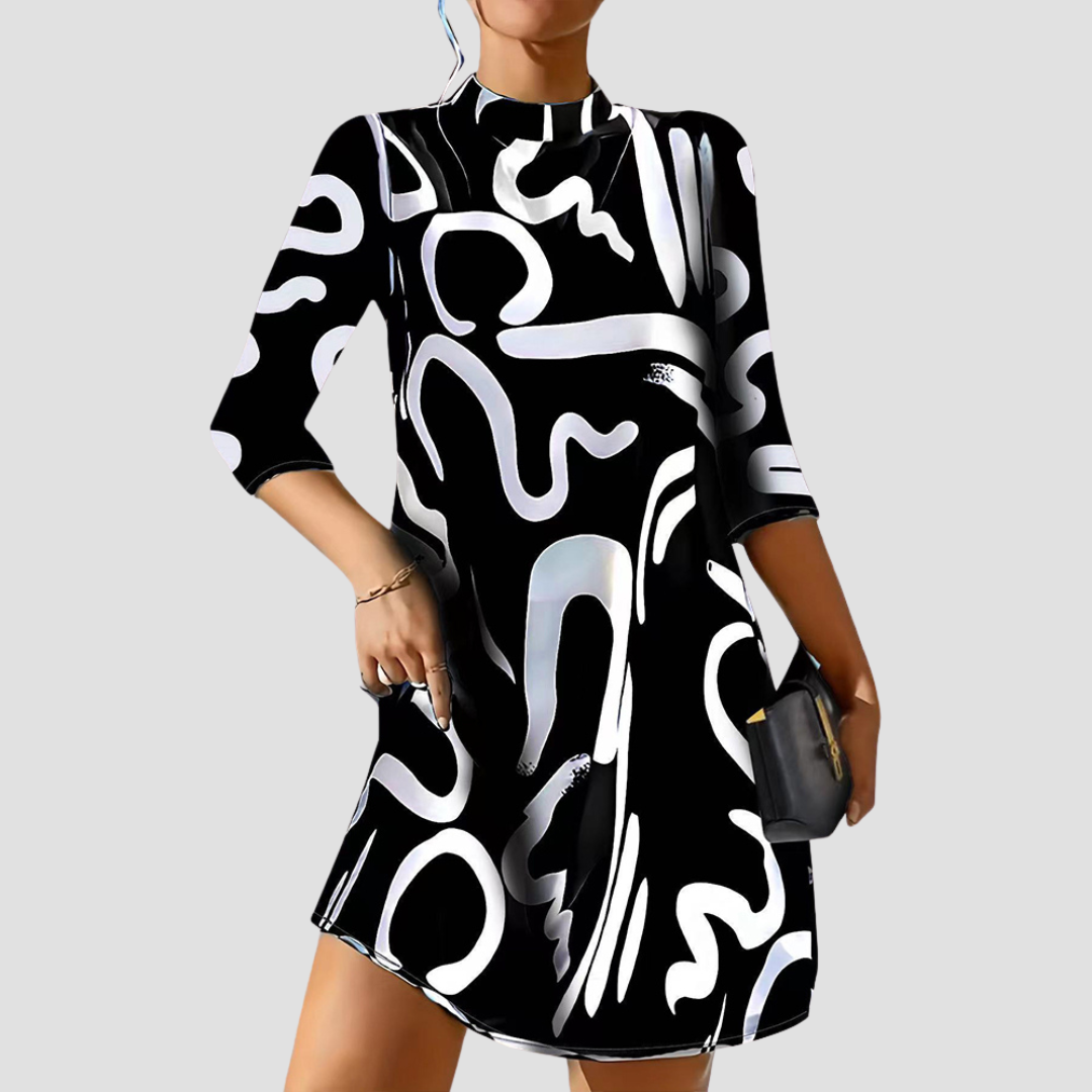 Women's elegant long sleeve mini dress with classic round neck, versatile for all seasons.
