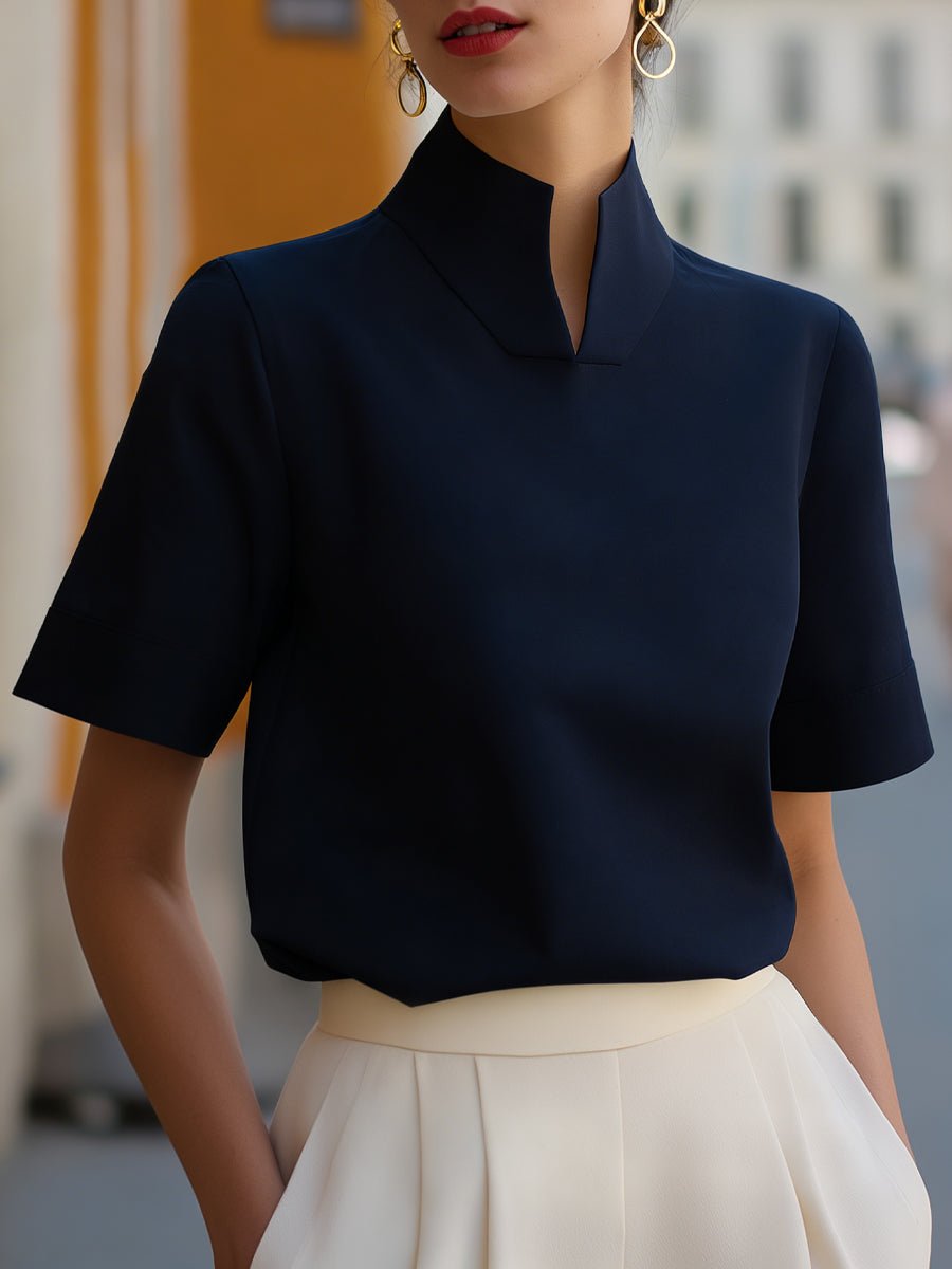 Modern women's short sleeve mandarin collar top, relaxed fit, great for office wear or dinner outfit.