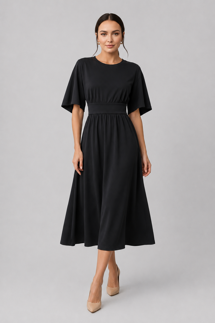 Elegant solid color midi dress for women. Designed with trendy wide sleeves & a flattering belt.