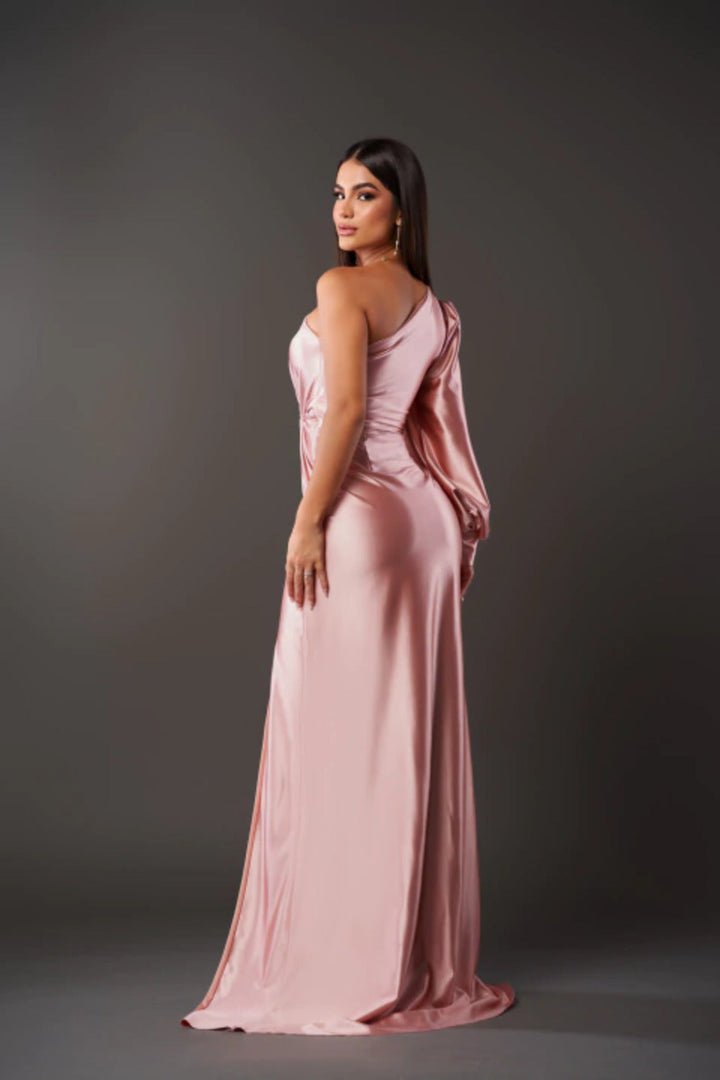 Blush pink elegant one-shoulder maxi dress, lovely for wedding guests & spring formal parties.