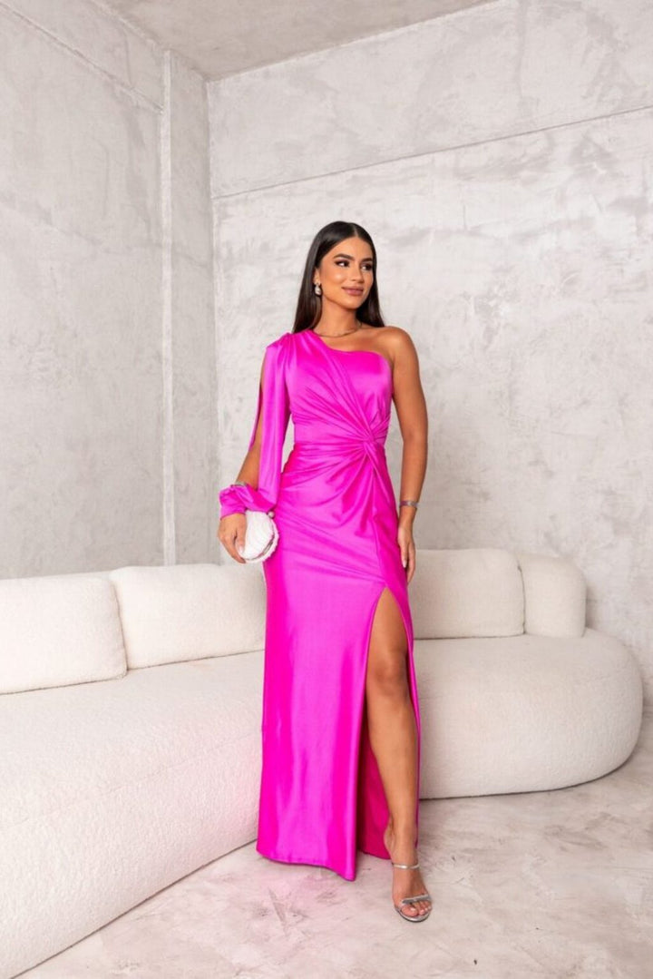 Women's blush pink draped long dress, one-shoulder design, a delicate evening gown.