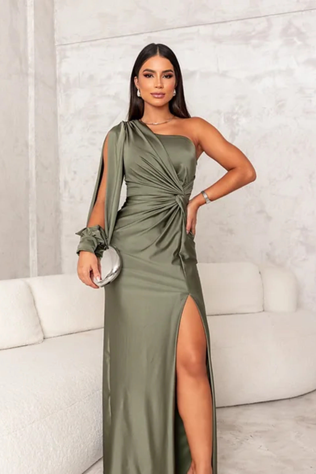 Draped navy blue one-shoulder long dress. An elegant choice for parties and special events.
