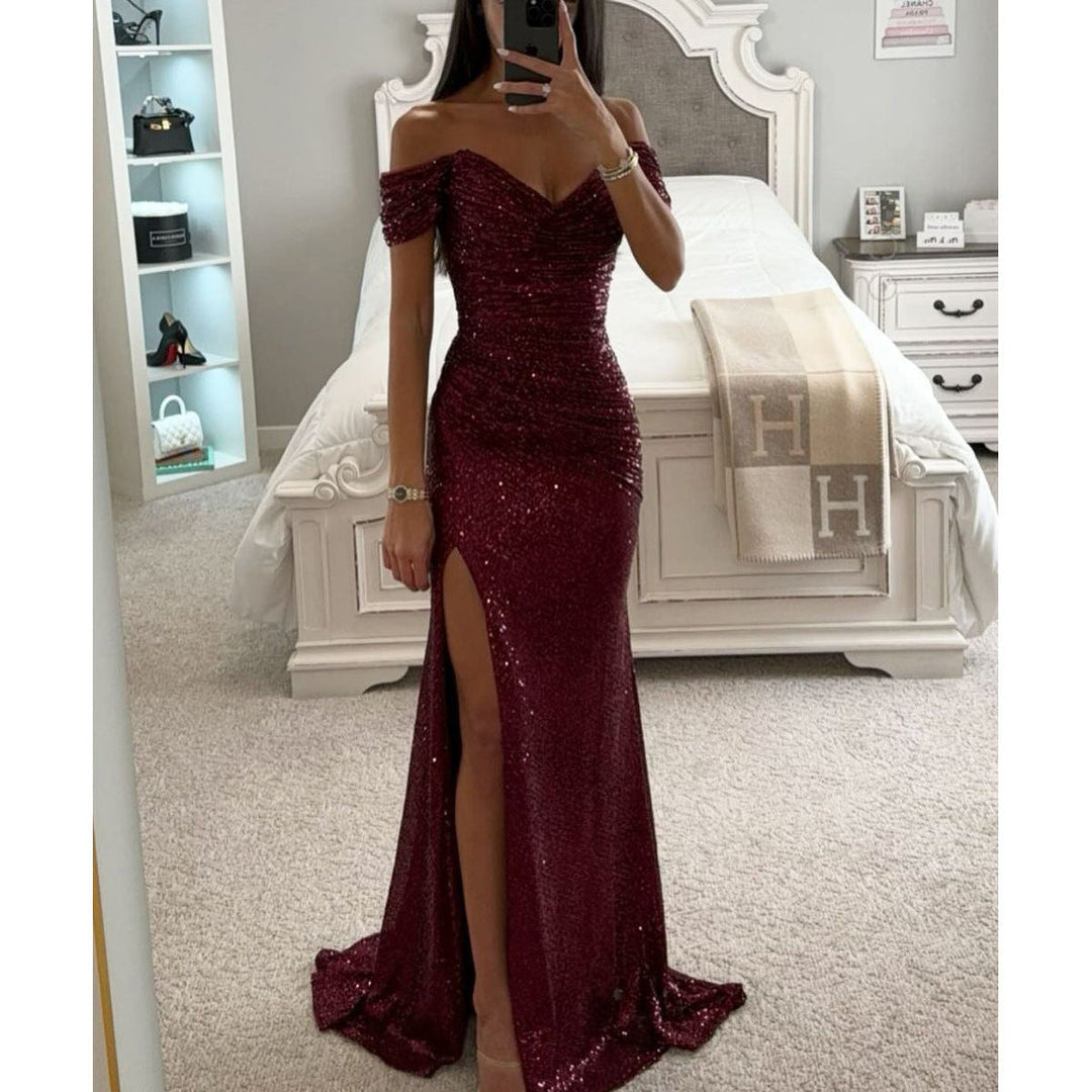 Women's elegant off-shoulder sequin maxi gown. Perfect evening dress for formal events & galas.