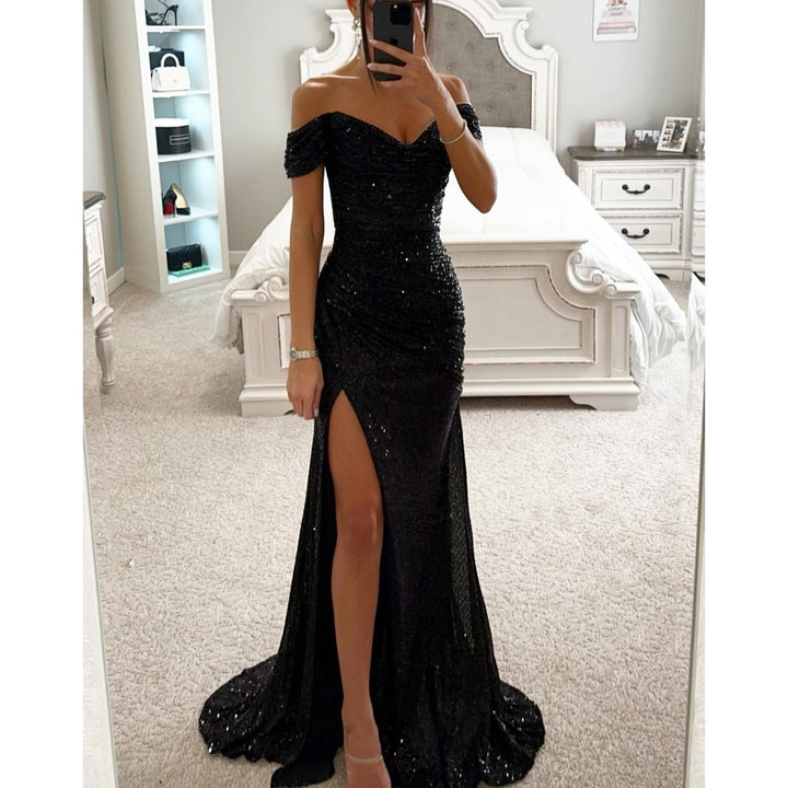 Dazzling women's off-shoulder sequin maxi gown. Shimmering evening dress for formal occasions & red carpet.