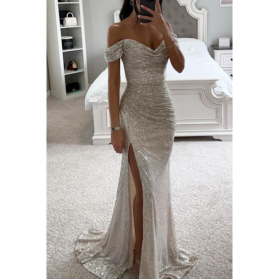 Luxurious off-shoulder sequin evening dress. Women's elegant maxi gown for formal events & special occasions.