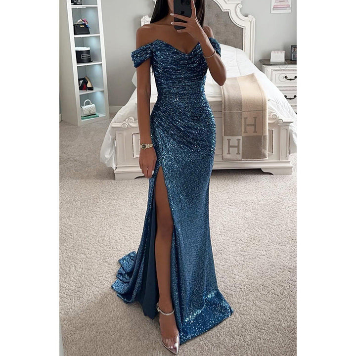 Versatile off-shoulder sequin maxi dress. Elegant formal gown for prom, galas, wedding guests & evening wear.