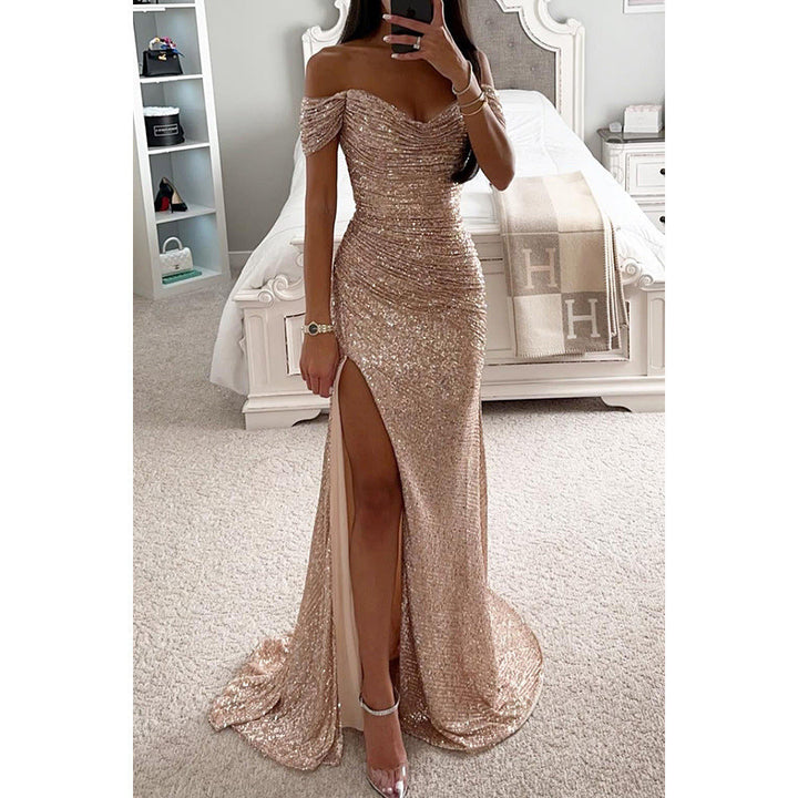 Sophisticated off-shoulder sequin formal maxi dress. Perfect elegant gown for evening wear & special events.