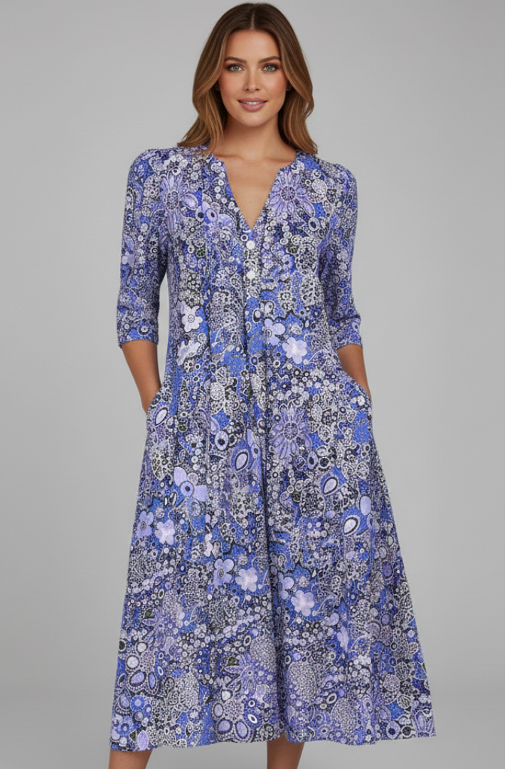 Flowy women's patterned midi dress featuring a flattering V-neck and stylish 3/4 sleeves, ideal for summer.