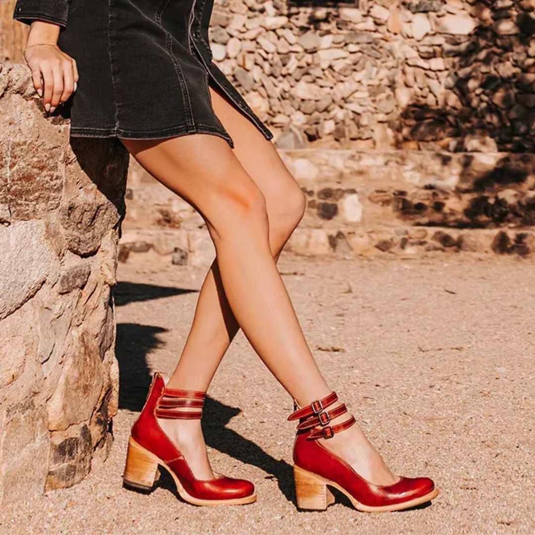 Women's elegant round toe block heel pumps with secure ankle strap. Versatile dress shoes for comfort & style.