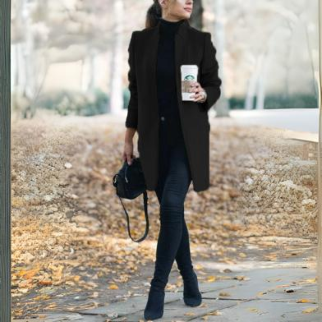 Sophisticated women's coat, stand collar, ideal for elegant fall & winter warmth.