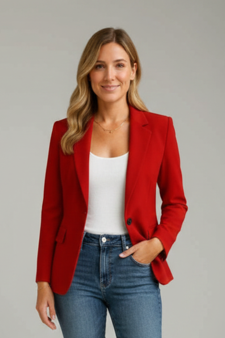 Professional women's blazer jacket, single button closure & notched lapel. Versatile office wear.