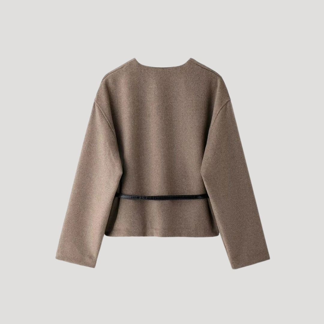 Versatile women's spring wrap jacket in taupe, featuring a stylish belt and comfortable fit