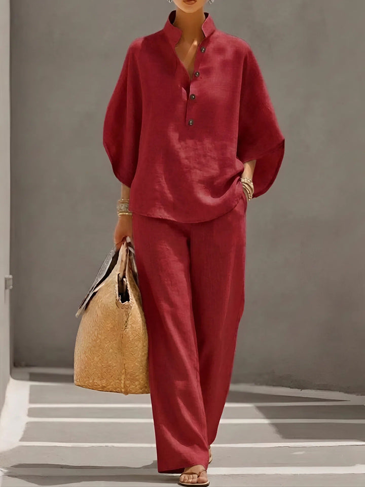 Vacation-ready women's set with a mandarin collar top and comfortable wide leg pants.