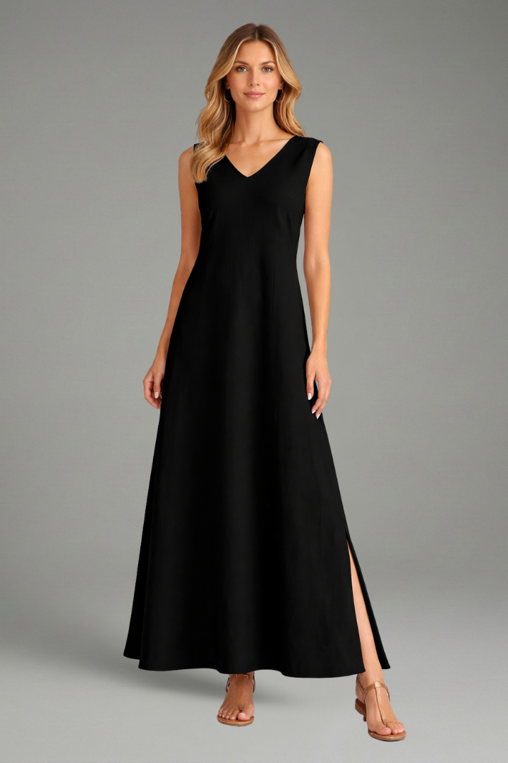 Classic black women's V-neck long dress with an elegant side slit, perfect for sophisticated summer evenings.