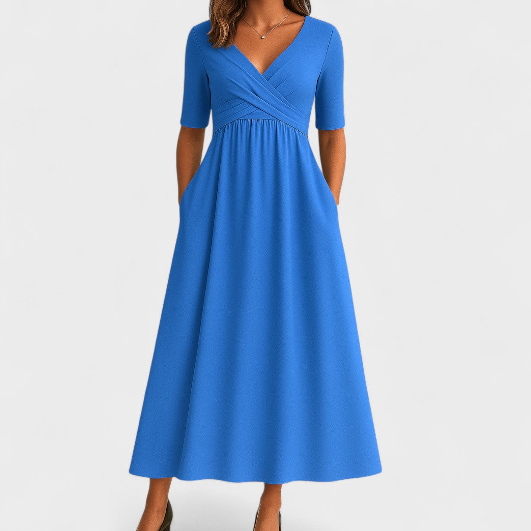 Elegant women's V-neck midi dress with short sleeves, a sophisticated choice for parties and summer events.
