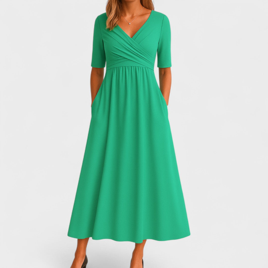 Chic V-neck short sleeve midi dress for women. This flattering and elegant design is perfect for any occasion.