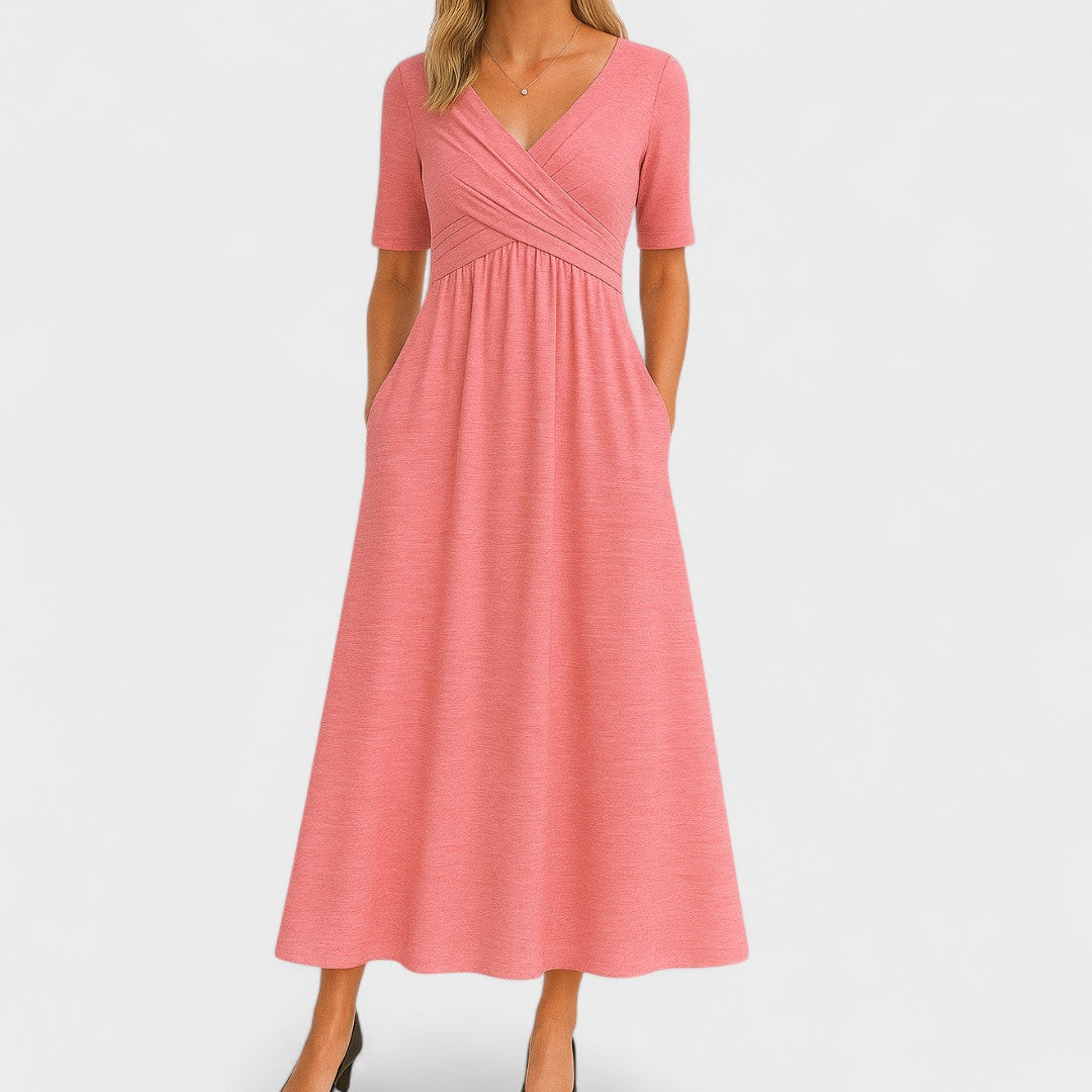 Women's flattering V-neck short sleeve midi dress. Elegant design, perfect for summer parties & special events.