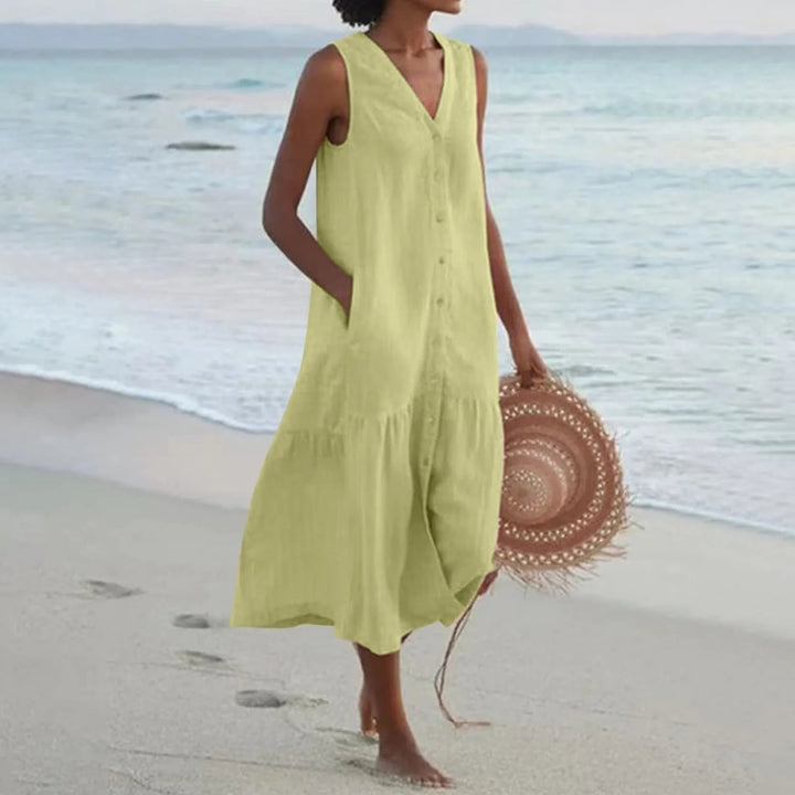 Elegant women's V-neck midi sundress, perfect casual wear, vacation outfit, or chic summer beachwear.