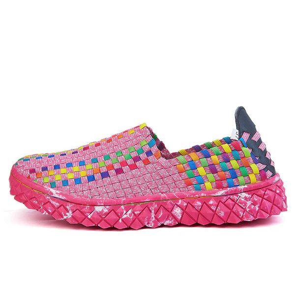 Woman wearing Eliana memory foam comfort sneakers, enjoying cushioned support for a long walk or travel.