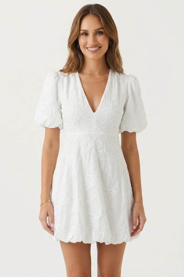Elegant women's floral embroidered mini dress with puff sleeves & trendy bubble hem. Ideal for spring/summer.