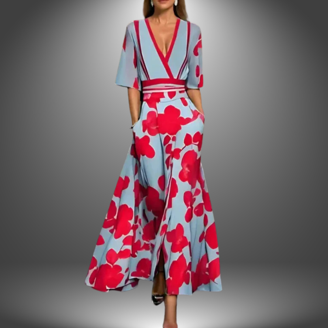 Women's flattering V-neck printed maxi dress with an elegant, flowing silhouette for effortless summer style.