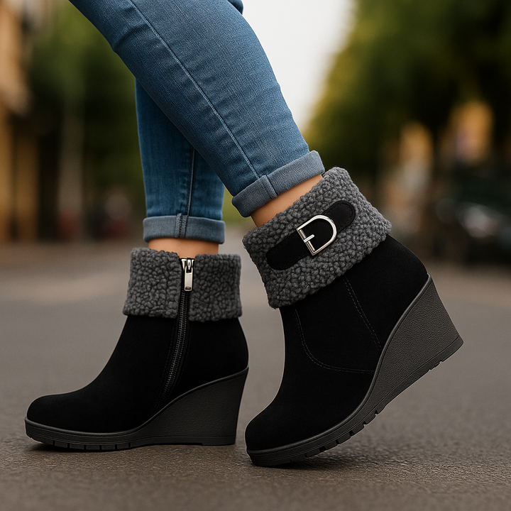 Cozy women's black platform shoes, fleece lined for winter, offering comfort and style.