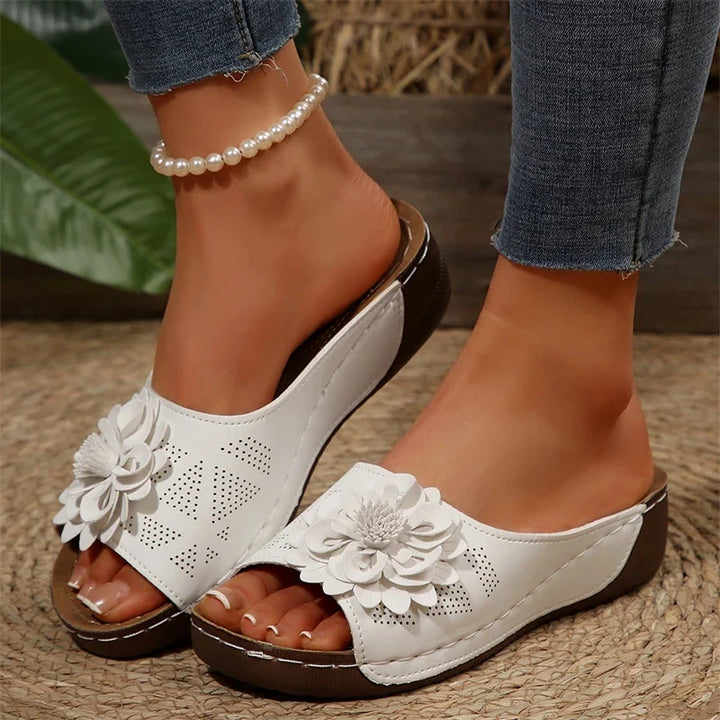 Close up of vibrant floral pattern on Women's Comfort Slide Sandals, ideal for beach or everyday