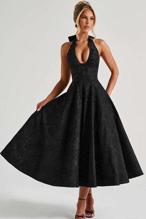 Women's elegant floral print midi dress for weddings, parties, and special occasions.