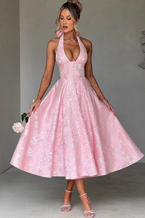 Floral corset halter midi dress, a beautiful choice for special occasion wear.
