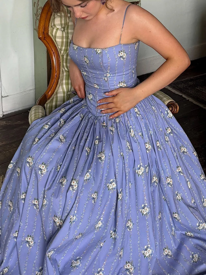 Purple floral strappy midi dress, an elegant corset party dress for women.