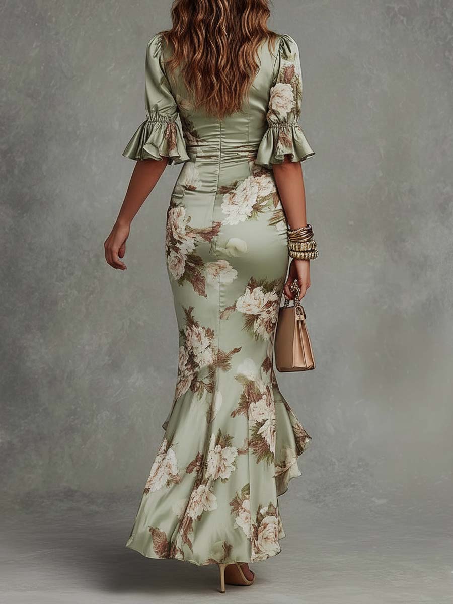 Beautiful women's floral fishtail maxi dress, v-neck, ruched waist, frill sleeves. Ideal for summer occasions.