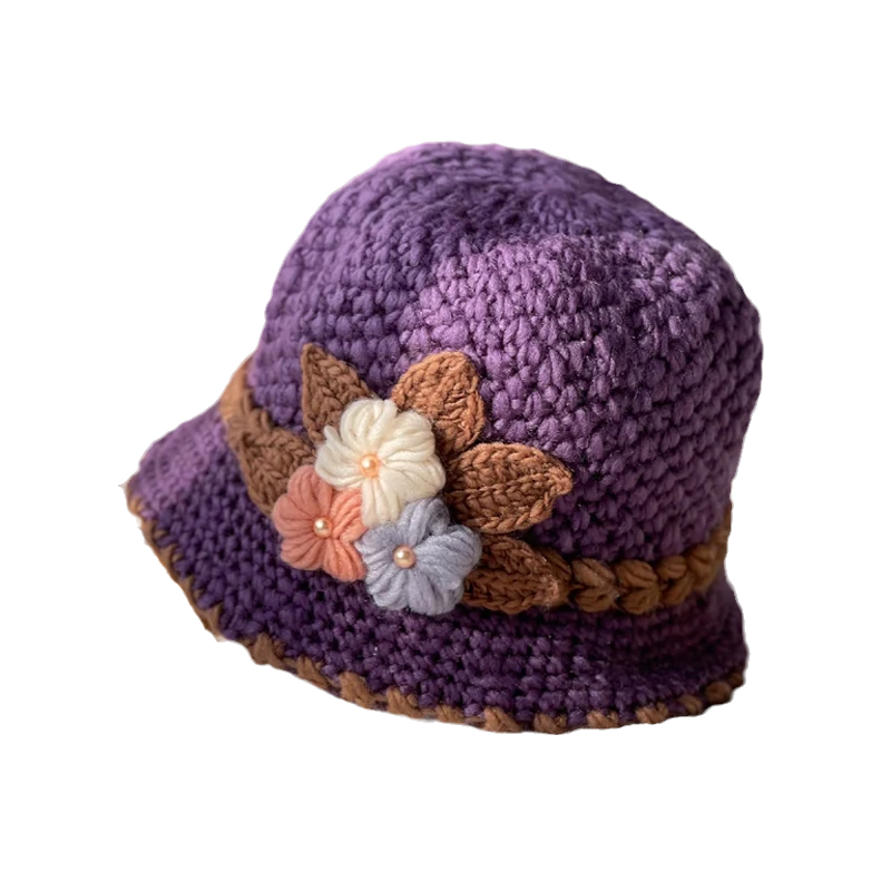 Close-up of the knitted brim of a women's floral wool beanie, cozy hat