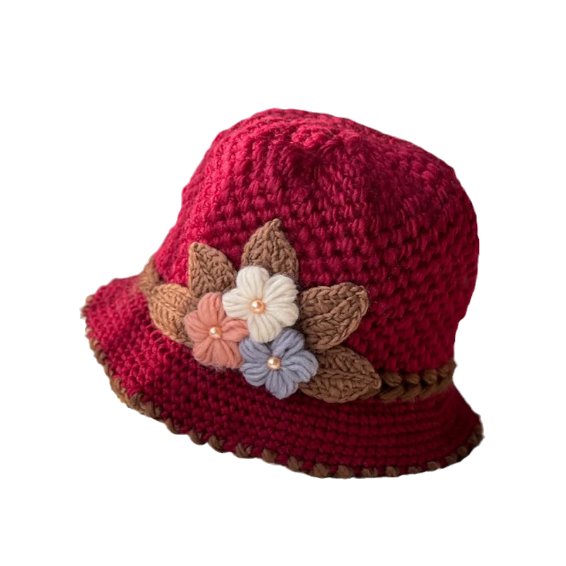 Women's wool beanie hat with intricate floral knit design, winter essential