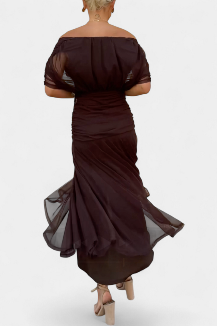 Off-shoulder women's floral maxi dress, sweetheart neckline, flattering ruched details.