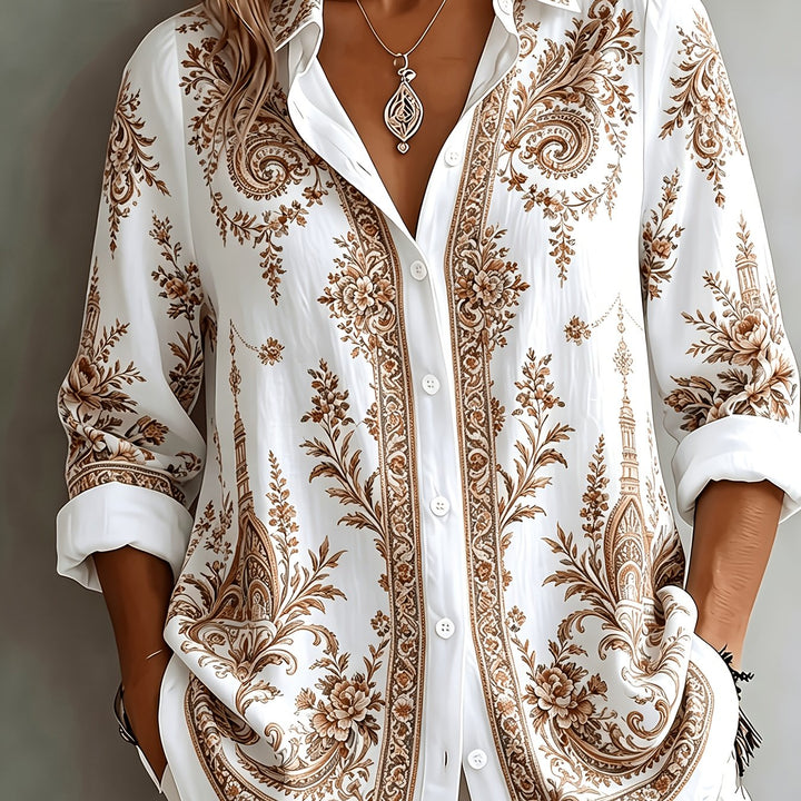 Women's comfortable long-sleeved blouse, floral paisley design, with a relaxed fit.