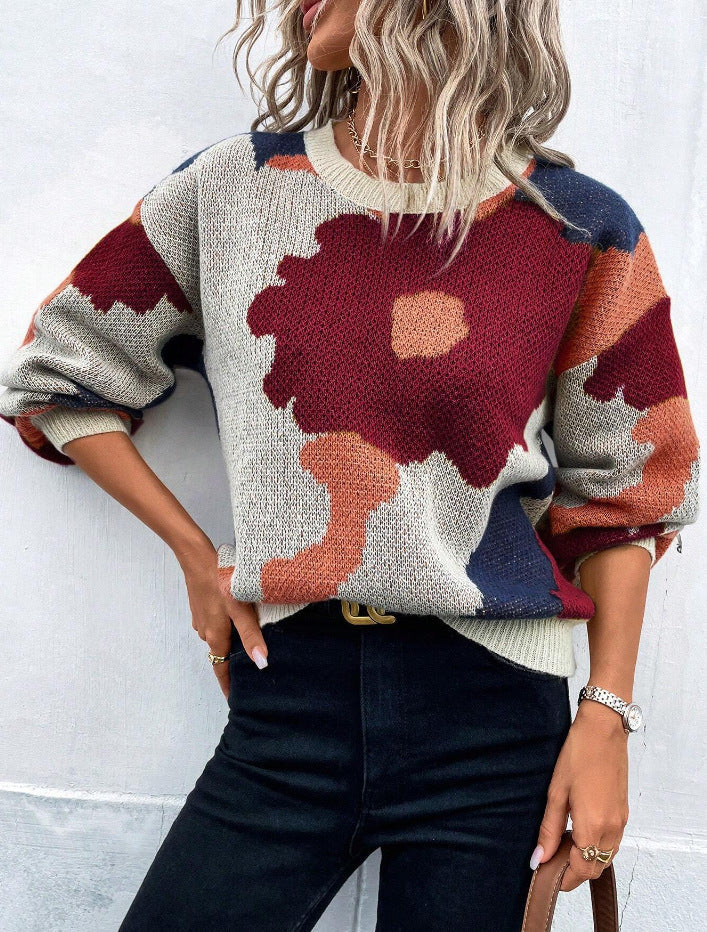 Comfortable women's long sleeve pullover sweater with vibrant floral print design