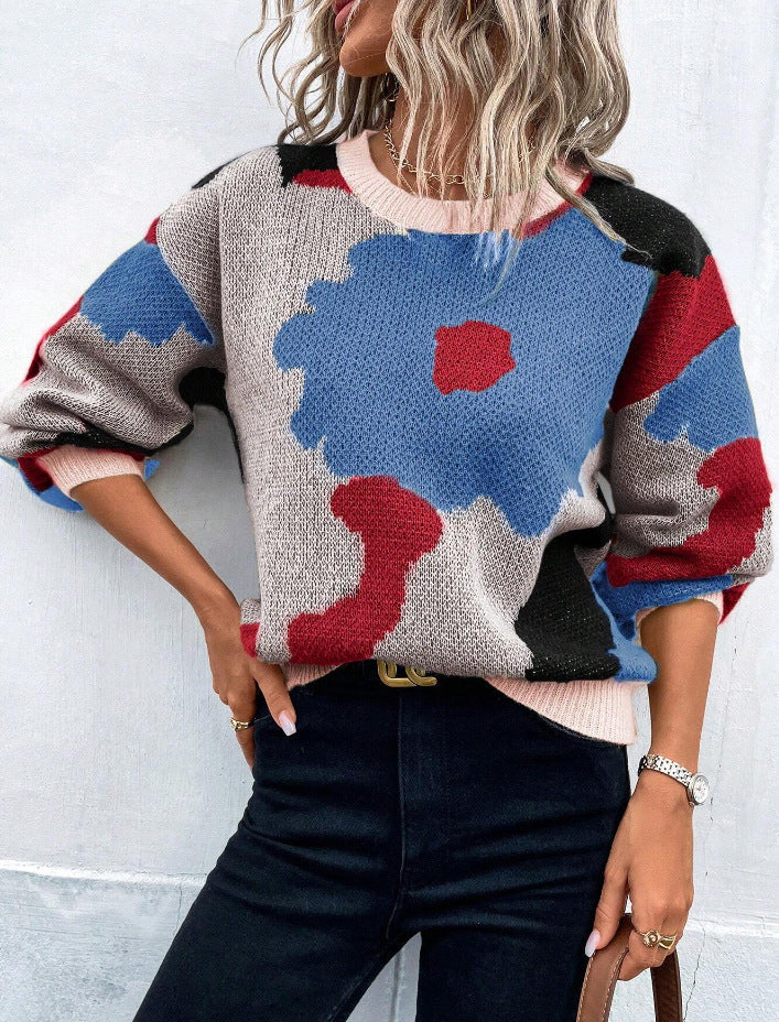 Women's comfort pullover sweater, adorned with a beautiful floral print and long sleeves