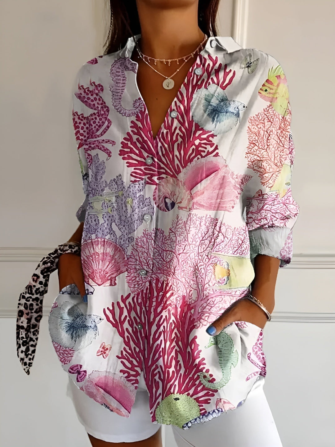 Casual women's button-down blouse, featuring a vibrant floral & vine print, oversized relaxed fit for summer.