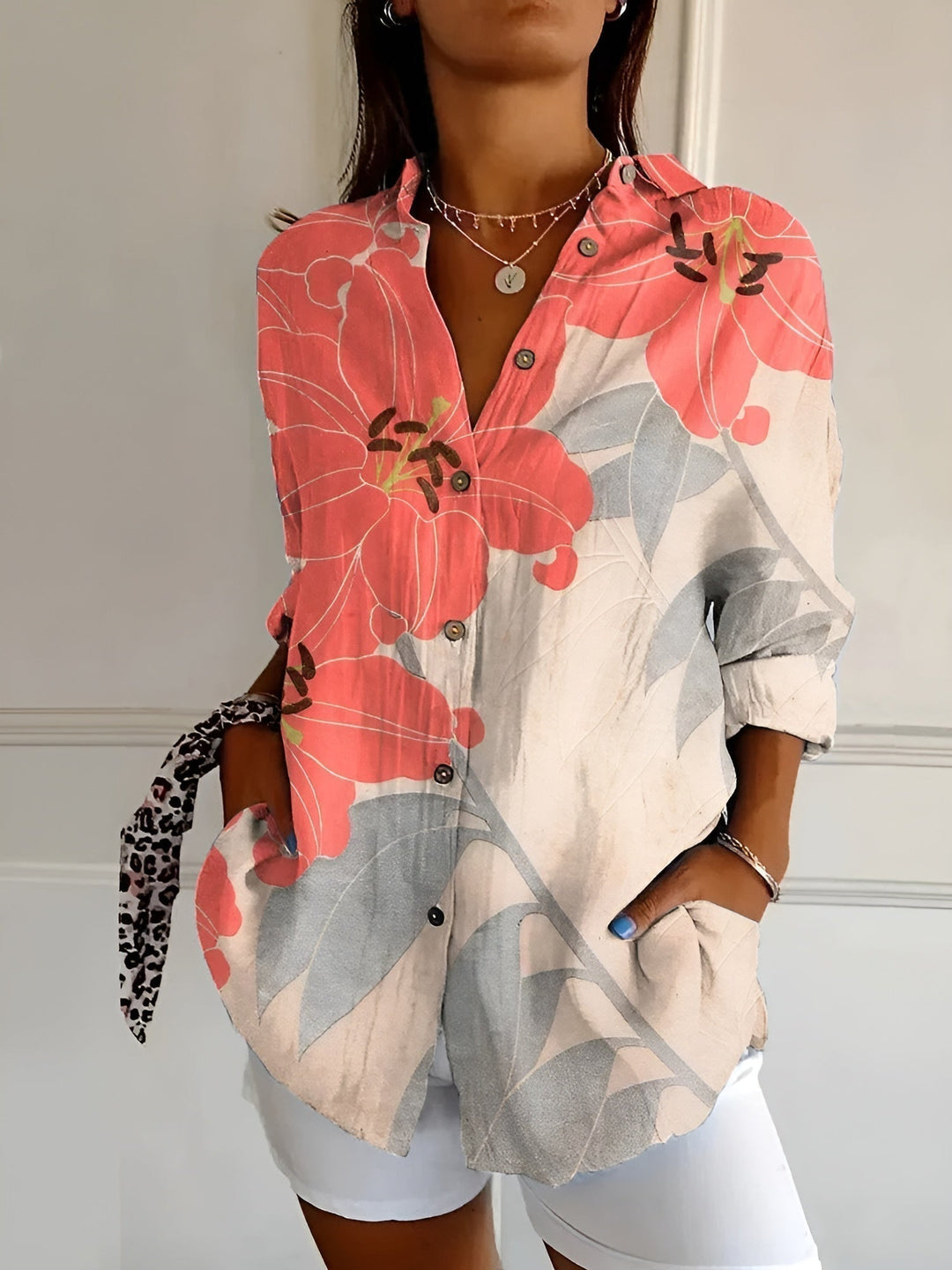 Versatile women's floral print casual shirt, oversized button-down style, great for spring & summer fashion.