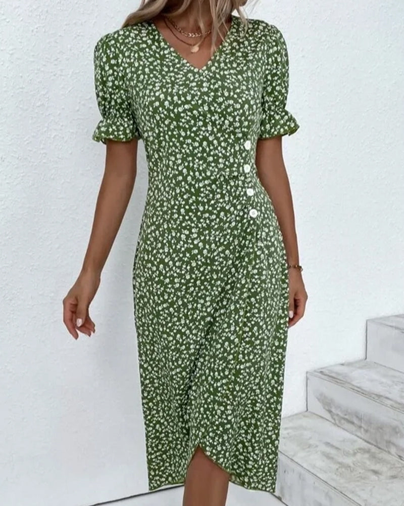 Red floral printed V-neck flowy maxi dress. Vibrant women's summer outfit.