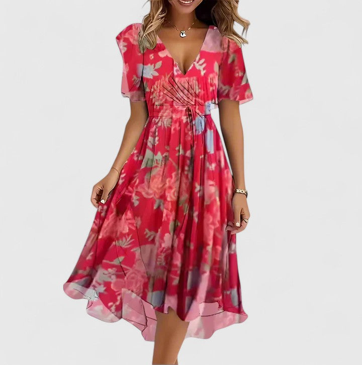 Women's floral V-neck midi dress with flutter sleeves, perfect for summer parties & spring events.