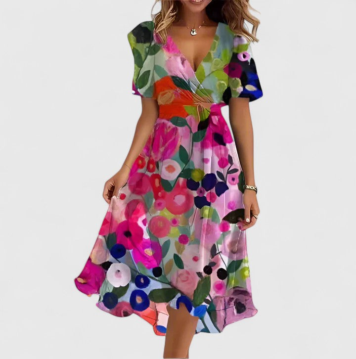 Lightweight summer floral V-neck midi dress for women, featuring elegant flutter sleeves.