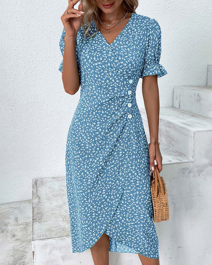 Elegant floral wrap midi dress for women, featuring a comfortable V-neck and spring fashion style.