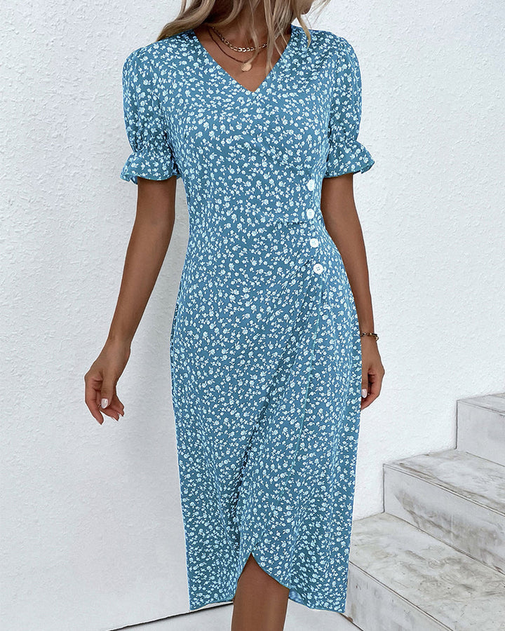 Flattering floral pattern wrap midi dress, V-neck women's style, ideal for summer elegance.