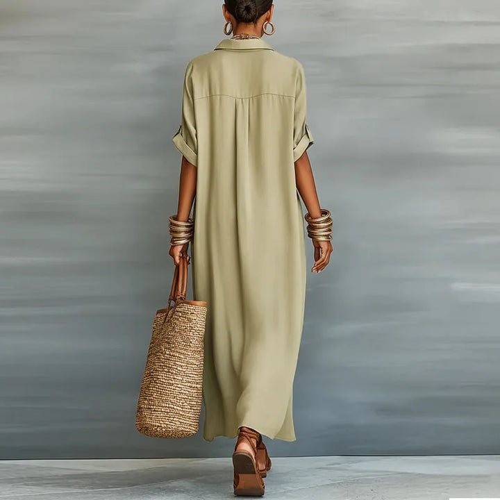 Stylish women's boho maxi dress, a flowy shirt dress with eye-catching contrast print for casual wear.