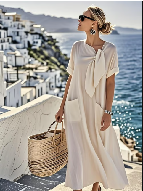 Comfortable loose-fit flowy maxi dress for women, with a stylish tie neck and convenient pockets for everyday wear.
