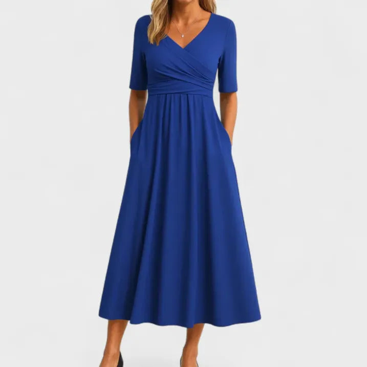 Elegant women's V-neck midi dress, perfect as a formal occasion dress or chic summer party outfit.