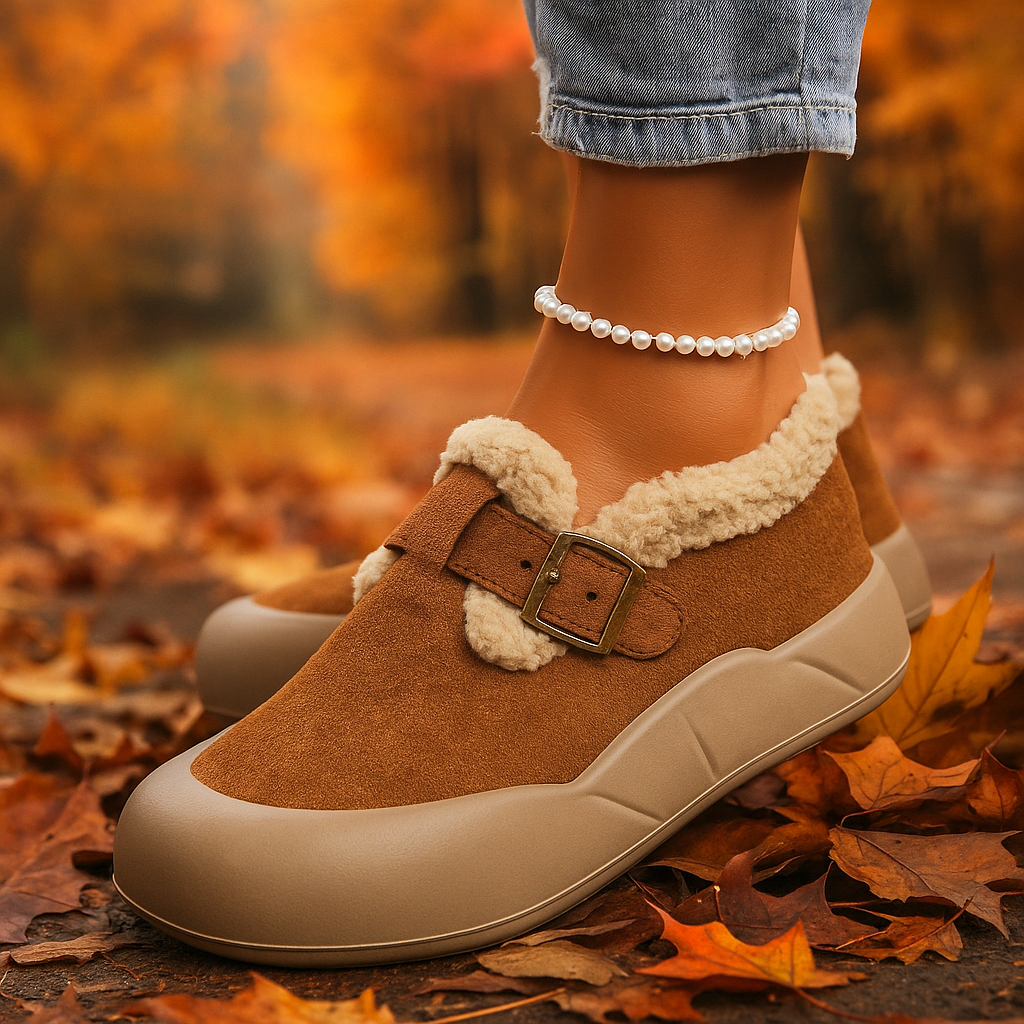Pair of slip-on genuine leather mules with fleece lining, ideal for comfortable casual wear.