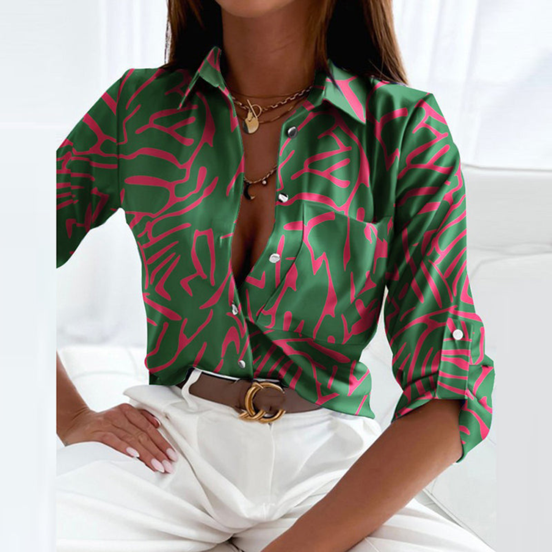 Fashionable women's long sleeve geometric print button-down blouse, versatile for elegant and casual chic.
