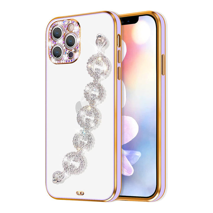 Close-up of the glitter texture and rhinestone bracelet on a women's iPhone case